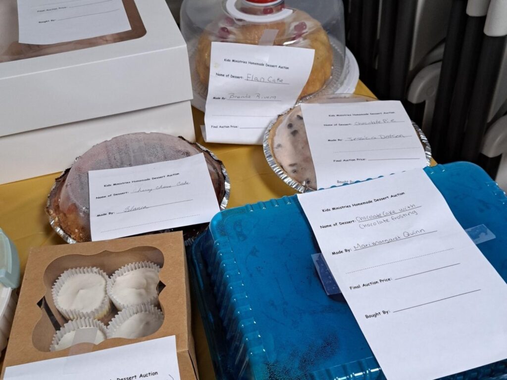 Desserts for auction at the Porterville First Assembly of God dessert auction to benefit our children's ministry