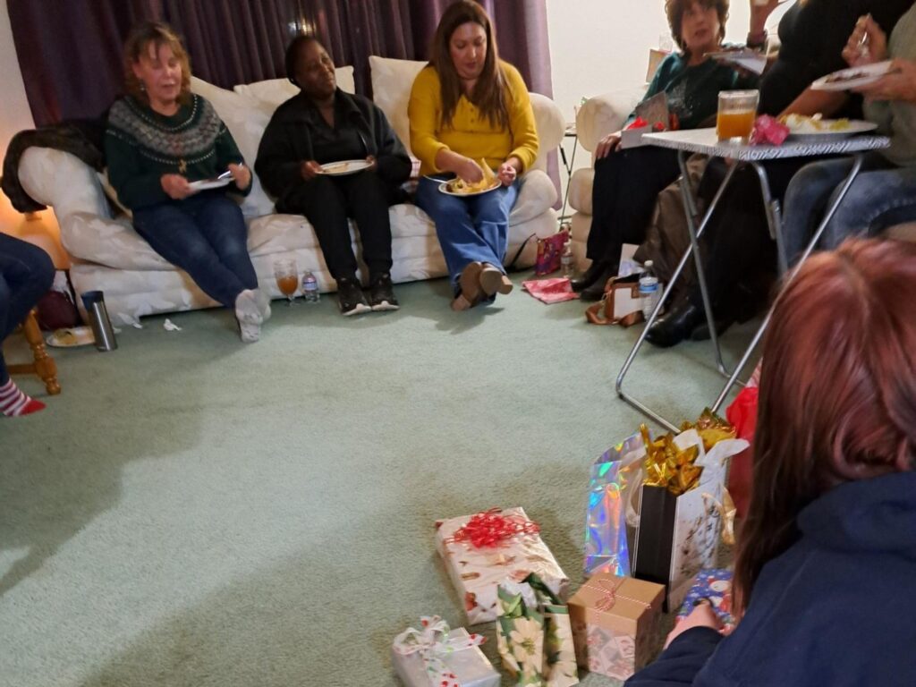 Women at the Porterville First Assembly of God December women's prayer meeting and Christmas party