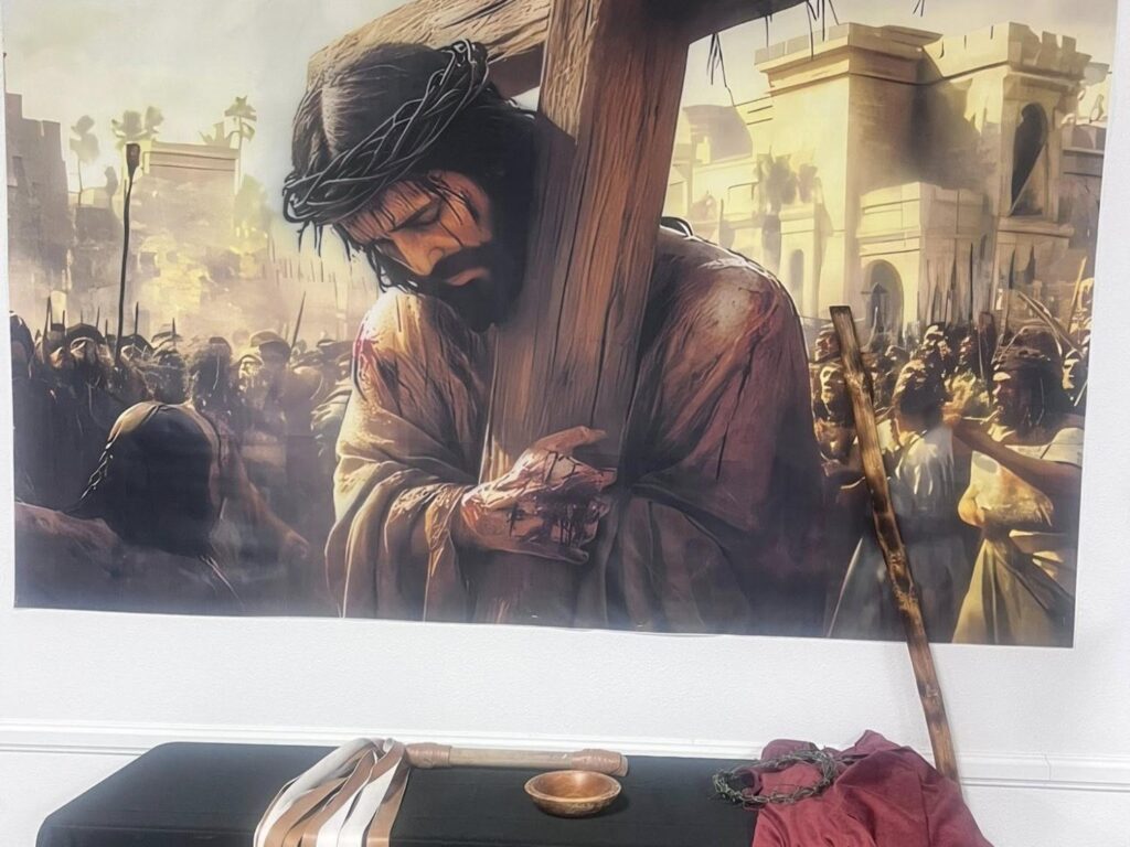 Tapestry of Jesus carrying the cross from Porterville First Assembly of God Easter service