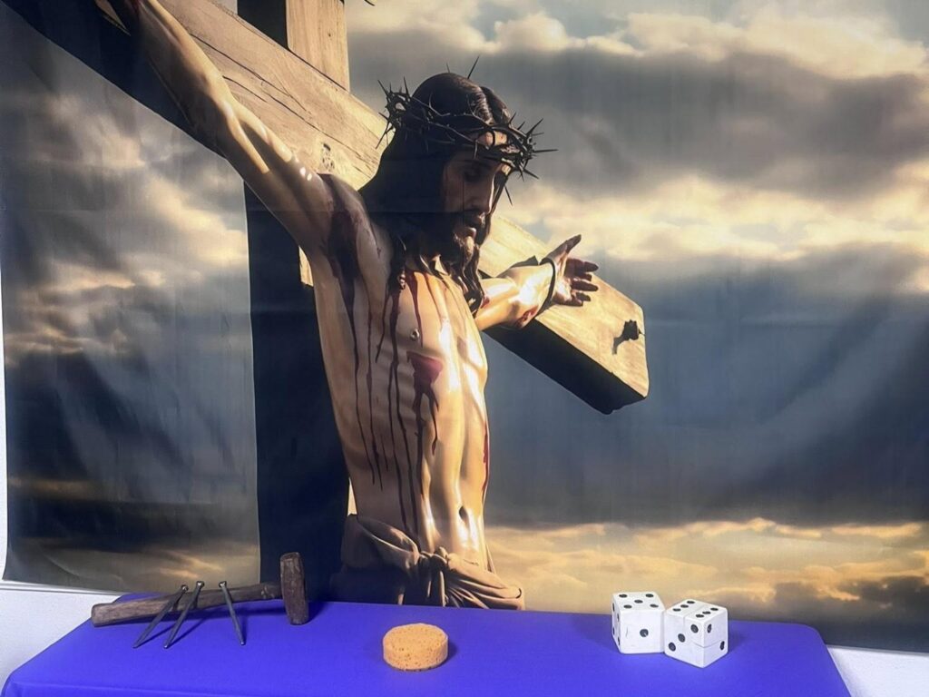 Tapestry of Jesus on the cross from Porterville First Assembly of God Easter service