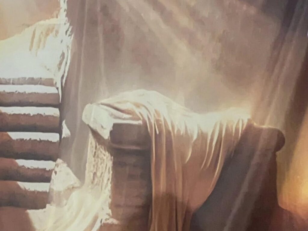 Closeup of tapestry of the empty tomb from Porterville First Assembly of God Easter service